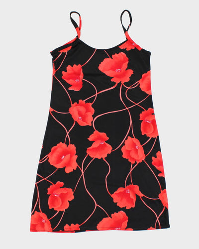 Y2k 00s Black Floral Slip Dress - M