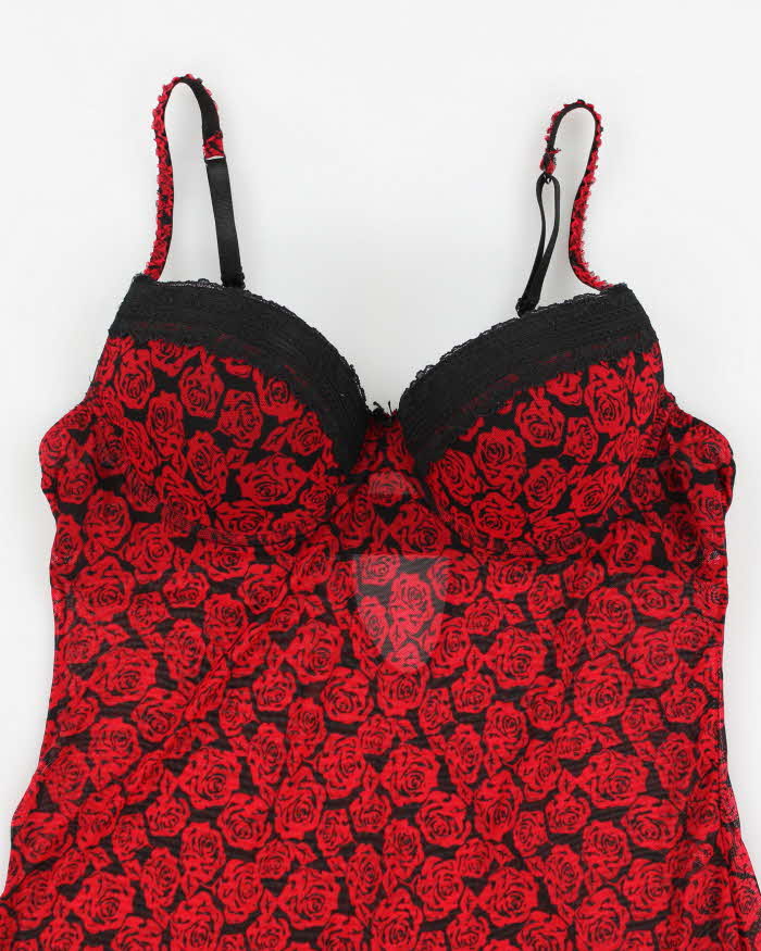 Y2k 00s Floral Red & Black Lingerie Slip - L