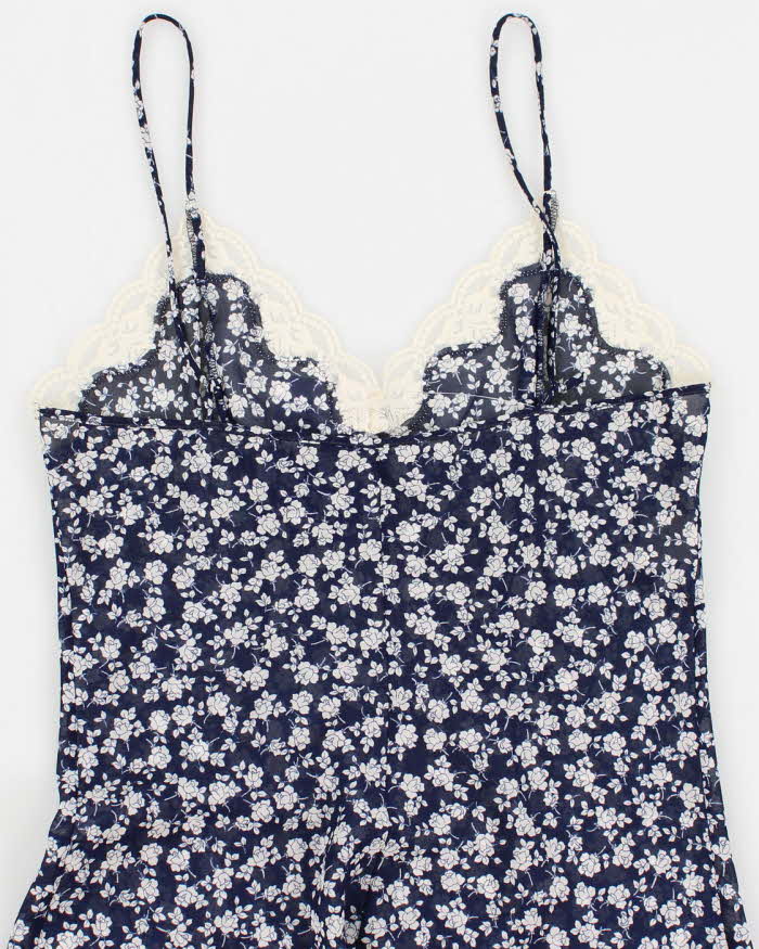 Y2k 00s Blue Mesh Floral Slip Dress - S