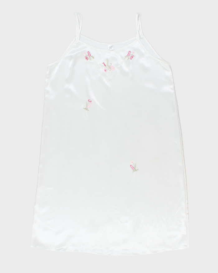 Vintage White Embroidered Silk Slip Dress - XL