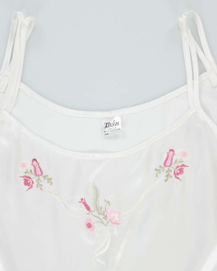Vintage White Embroidered Silk Slip Dress - XL