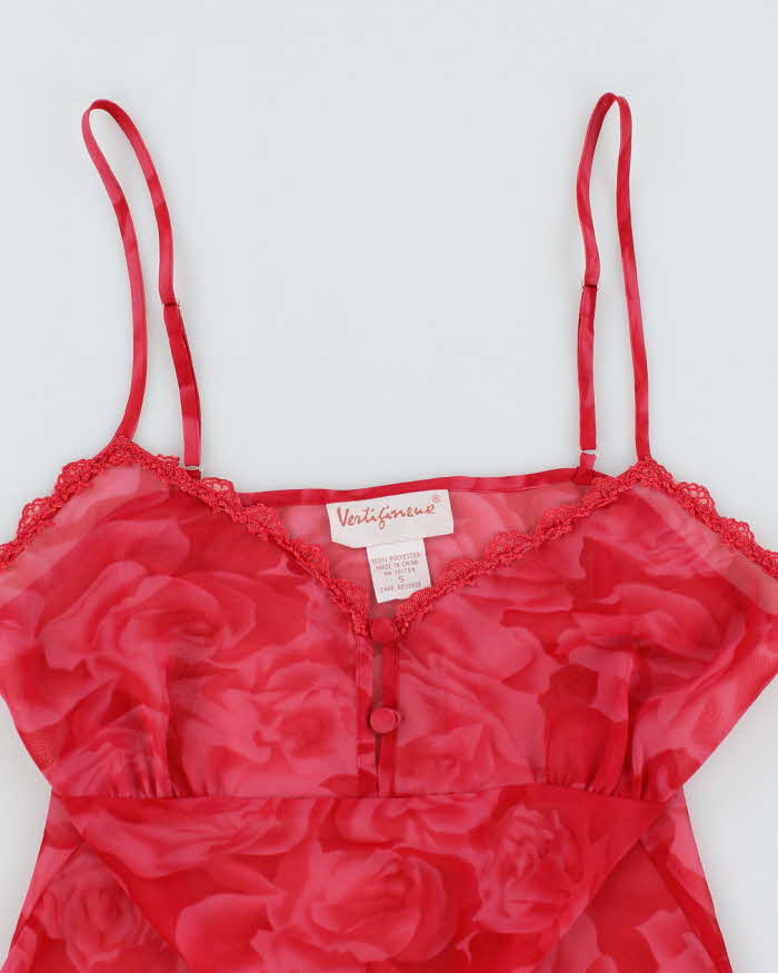 Vintage 90s Pink Rose Print Mesh Cami -S