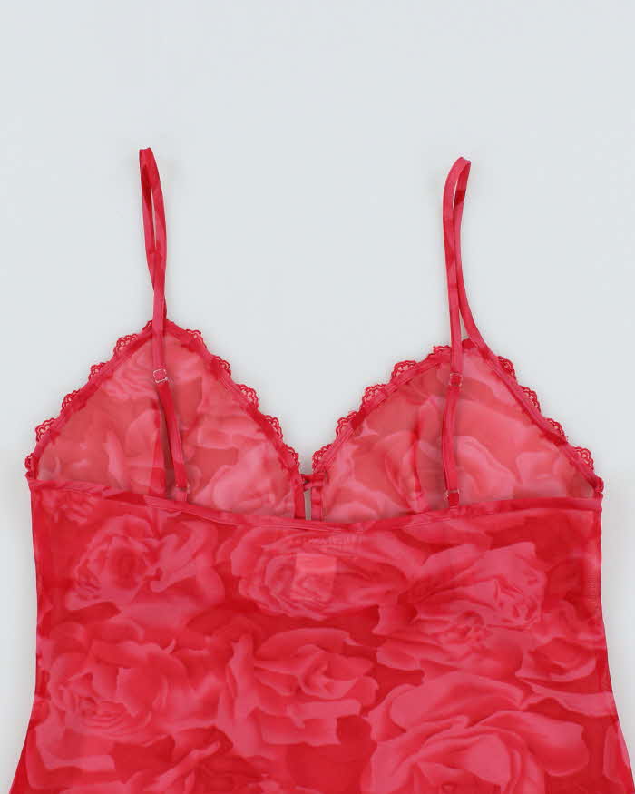 Vintage 90s Pink Rose Print Mesh Cami -S