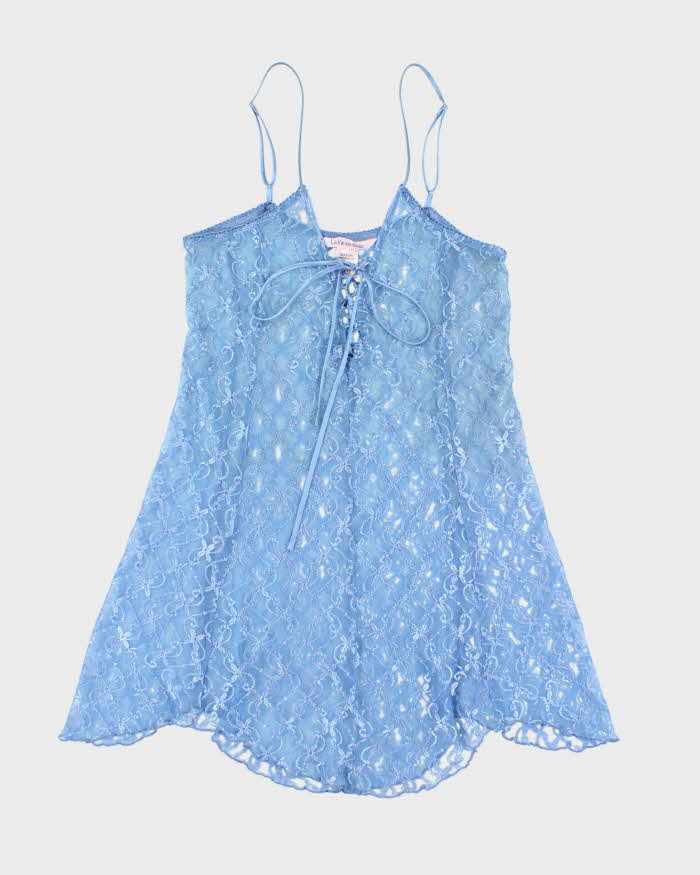 La Vie En Rose Periwinkle Blue Sheer Lace Stretchy Slip - M