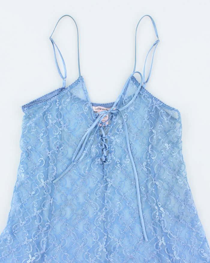 La Vie En Rose Periwinkle Blue Sheer Lace Stretchy Slip - M