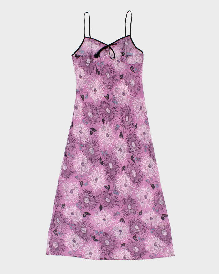 Vintage Y2k 90s/00s Purple Floral Black Trimmed Mesh Slip Dress - M
