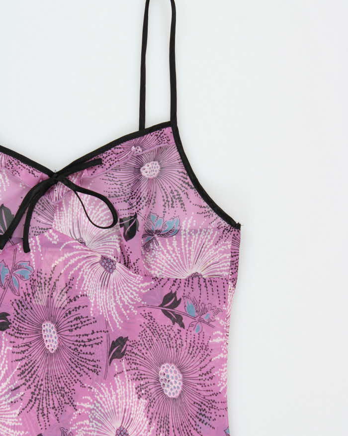 Vintage Y2k 90s/00s Purple Floral Black Trimmed Mesh Slip Dress - M