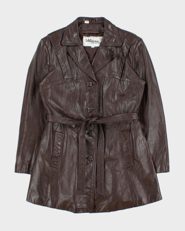 Vintage 1980s Wilsons Brown Mid-Length Belted Women's Leather Jacket - S