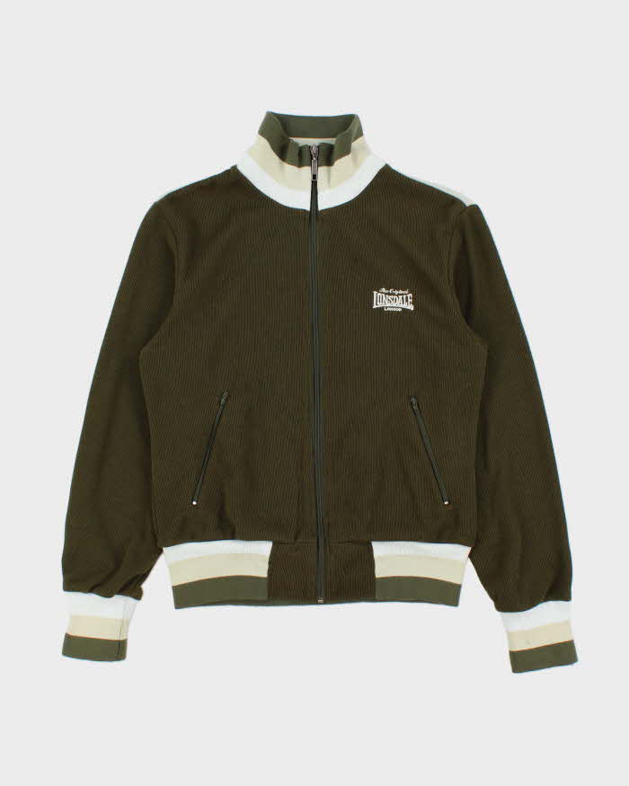 Vintage 1980s Lonsdale Khaki Striped Chain Stitch England Knit Funnel Neck Track Jacket - L