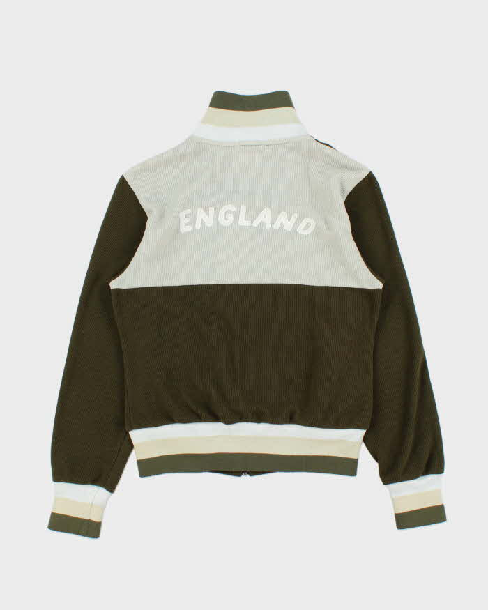 Vintage 1980s Lonsdale Khaki Striped Chain Stitch England Knit Funnel Neck Track Jacket - L