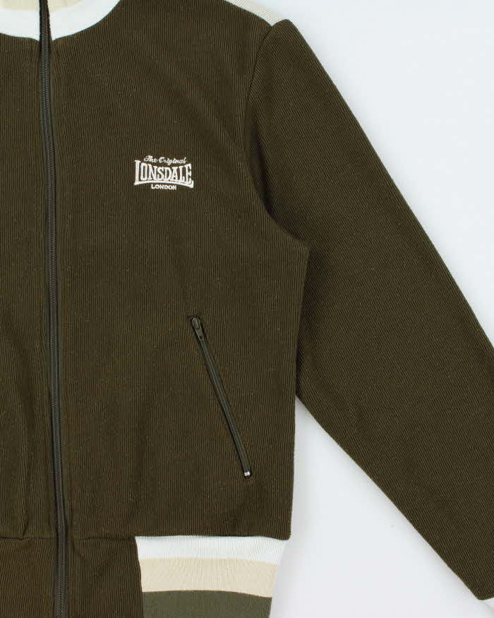 Vintage 1980s Lonsdale Khaki Striped Chain Stitch England Knit Funnel Neck Track Jacket - L