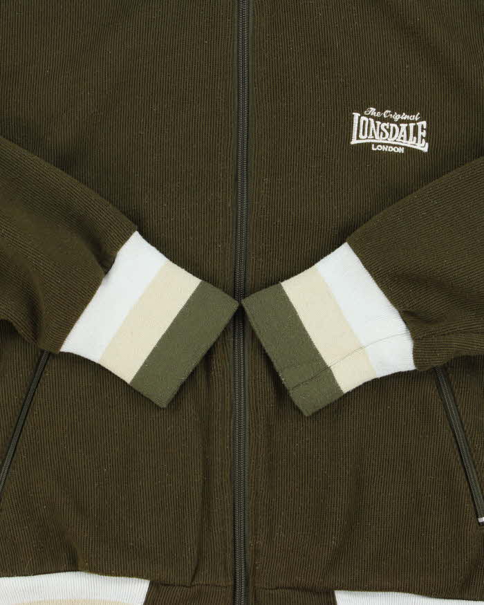 Vintage 1980s Lonsdale Khaki Striped Chain Stitch England Knit Funnel Neck Track Jacket - L