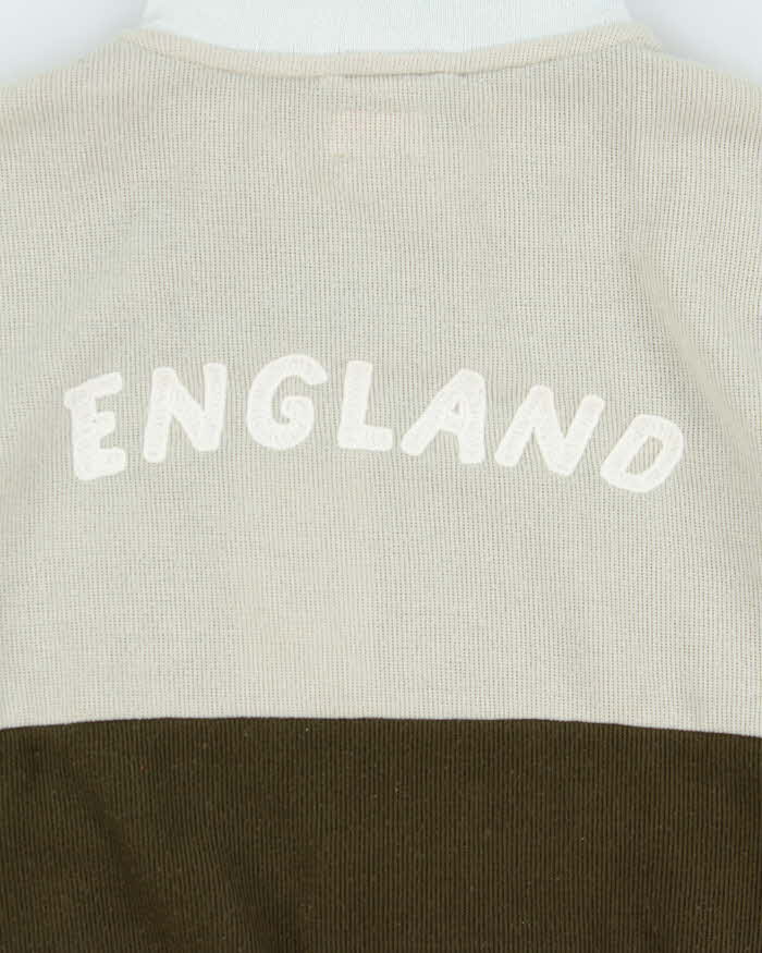 Vintage 1980s Lonsdale Khaki Striped Chain Stitch England Knit Funnel Neck Track Jacket - L