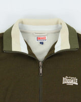 Vintage 1980s Lonsdale Khaki Striped Chain Stitch England Knit Funnel Neck Track Jacket - L