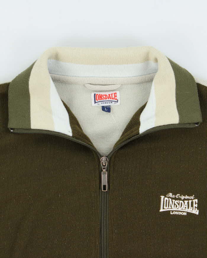 Vintage 1980s Lonsdale Khaki Striped Chain Stitch England Knit Funnel Neck Track Jacket - L