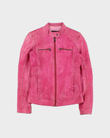 Vintage Y2K 00s Danier Women's Hot Pink Leather Contrast Stitch Cafe Racer Moto Jacket - XS