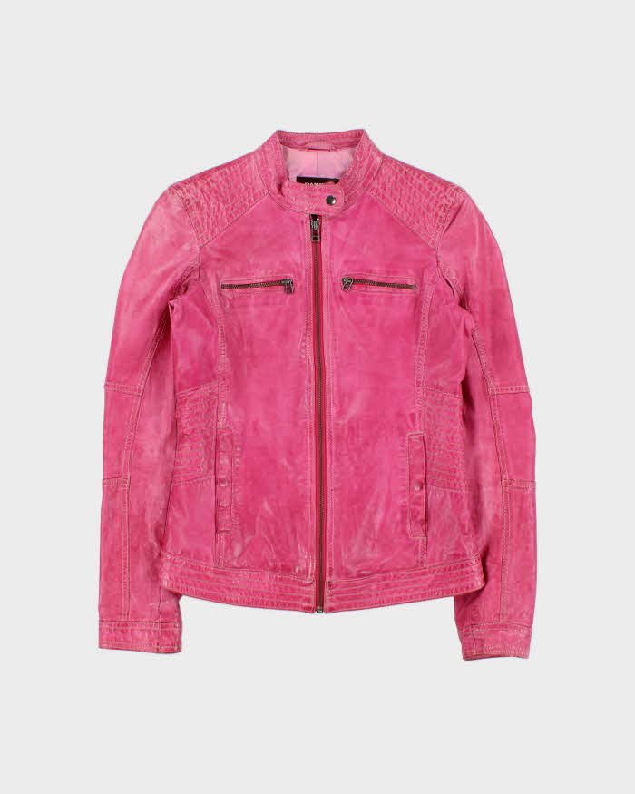 Vintage Y2K 00s Danier Women's Hot Pink Leather Contrast Stitch Cafe Racer Moto Jacket - XS