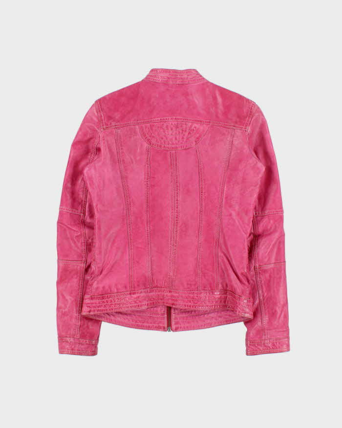 Vintage Y2K 00s Danier Women's Hot Pink Leather Contrast Stitch Cafe Racer Moto Jacket - XS