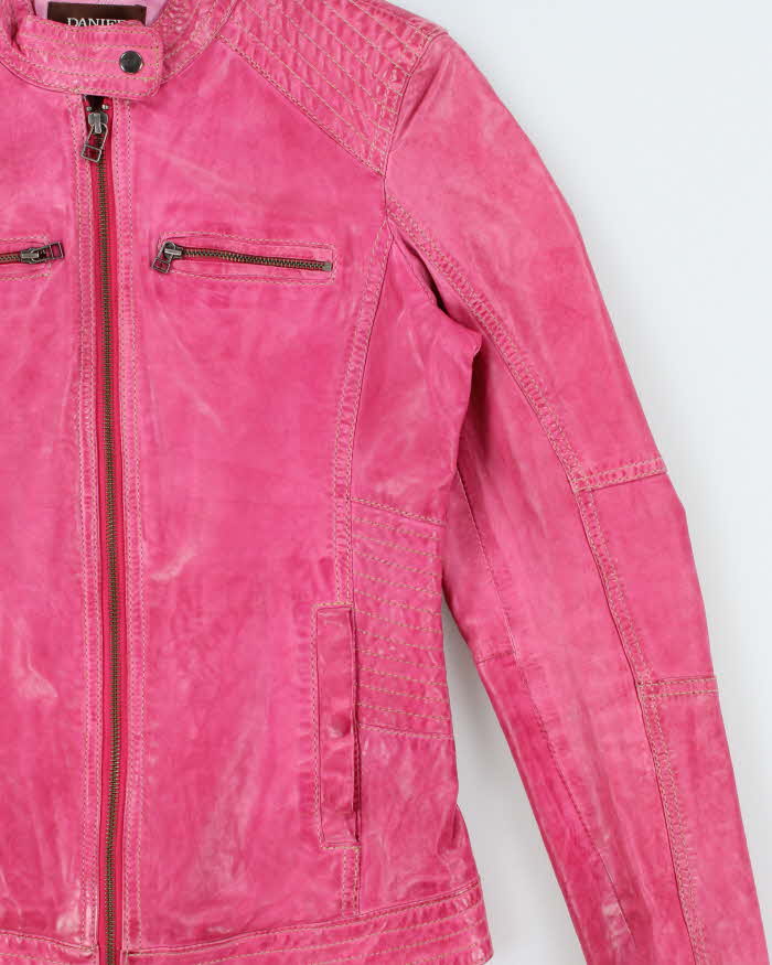 Vintage Y2K 00s Danier Women's Hot Pink Leather Contrast Stitch Cafe Racer Moto Jacket - XS