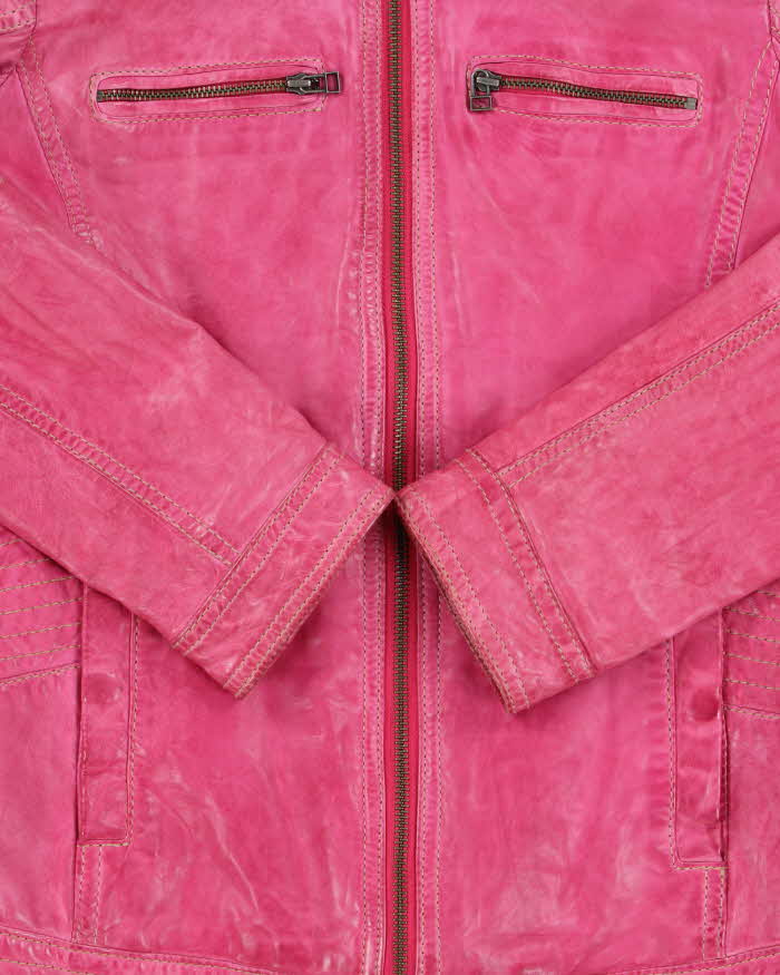 Vintage Y2K 00s Danier Women's Hot Pink Leather Contrast Stitch Cafe Racer Moto Jacket - XS