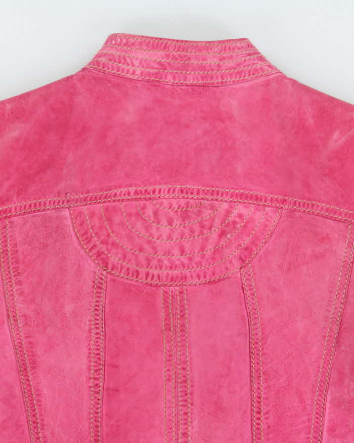 Vintage Y2K 00s Danier Women's Hot Pink Leather Contrast Stitch Cafe Racer Moto Jacket - XS