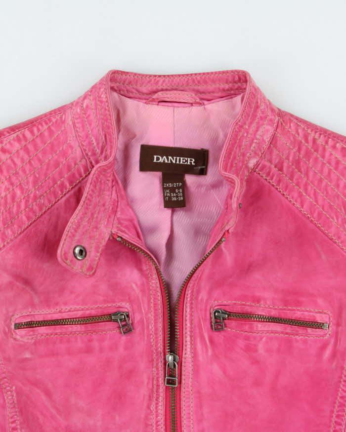 Vintage Y2K 00s Danier Women's Hot Pink Leather Contrast Stitch Cafe Racer Moto Jacket - XS