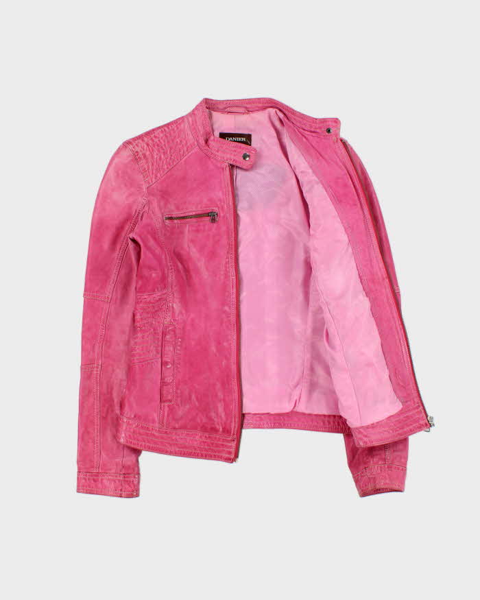 Vintage Y2K 00s Danier Women's Hot Pink Leather Contrast Stitch Cafe Racer Moto Jacket - XS
