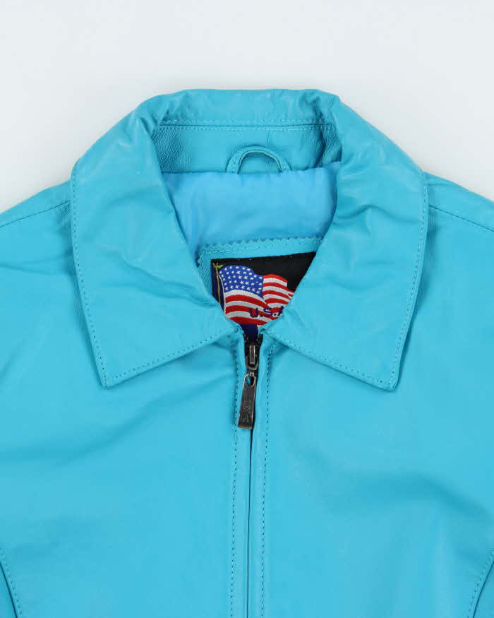 Vintage 1990s USA Aqua Blue Women's Leather Moto Jacket - S