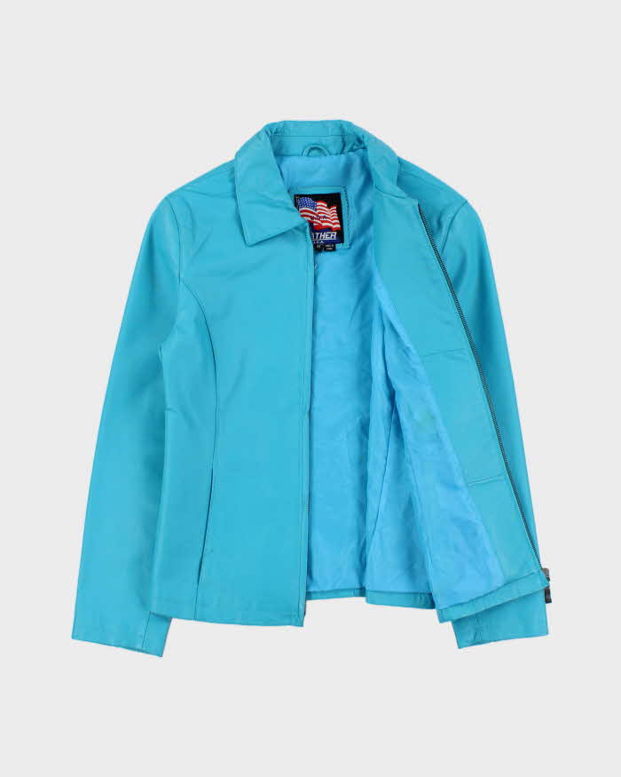 Vintage 1990s USA Aqua Blue Women's Leather Moto Jacket - S