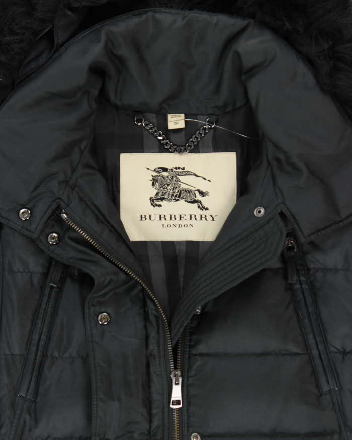 Burberry Women's Navy Duck Down Blue Fox Hooded Puffer Parka - XS