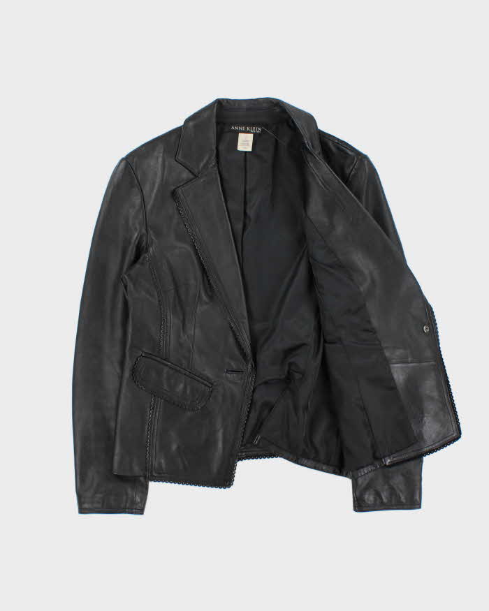 Vintage Y2K 00s Anne Klein Women's Calfskin Leather Ruffle Trim Blazer - S