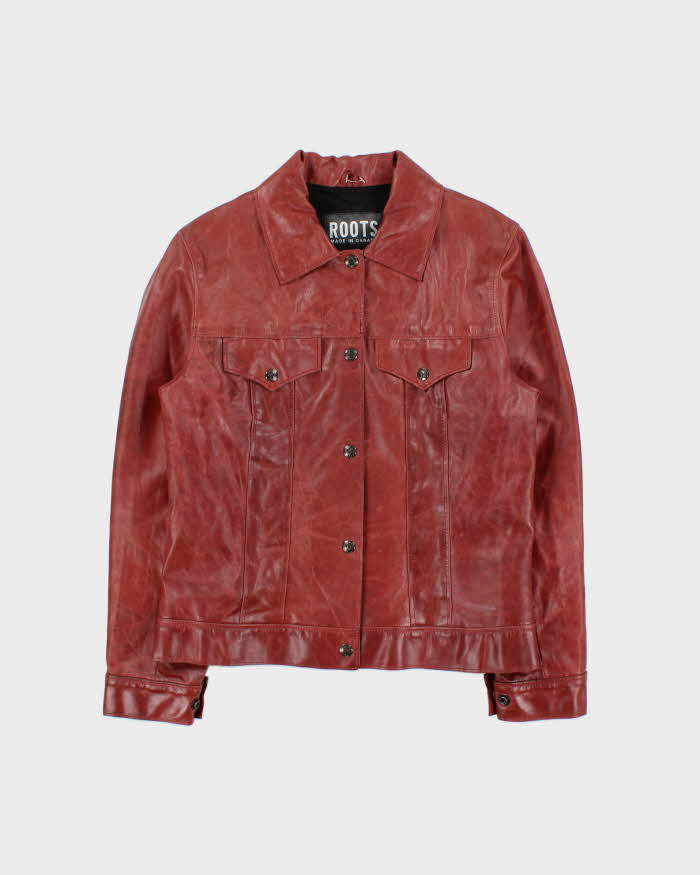 Vintage 1990s Roots Made In Canada Women's Red Leather Western Trucker Jacket - S