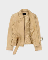Vintage Y2K 00s Identify Women's Desert Tan Lambskin Leather Belted Moto Jacket - S