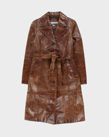 Vintage 1990s Box Japan Women's Brown Leather Mid-Calf Belted Trench Jacket - L