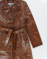Vintage 1990s Box Japan Women's Brown Leather Mid-Calf Belted Trench Jacket - L