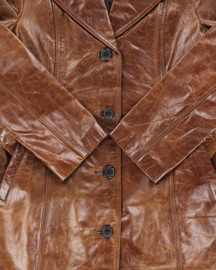 Vintage 1990s Box Japan Women's Brown Leather Mid-Calf Belted Trench Jacket - L