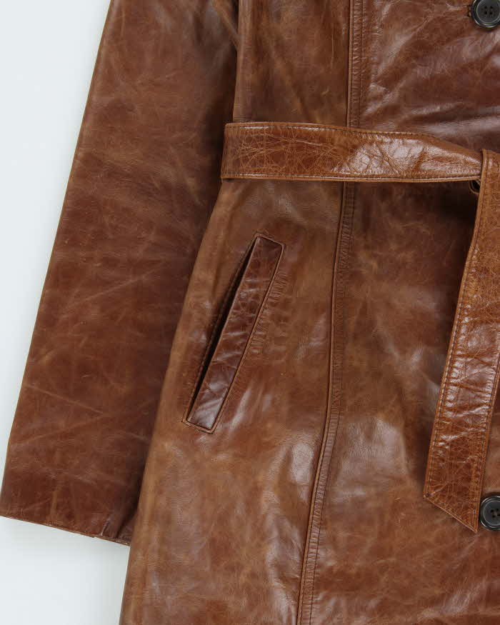 Vintage 1990s Box Japan Women's Brown Leather Mid-Calf Belted Trench Jacket - L