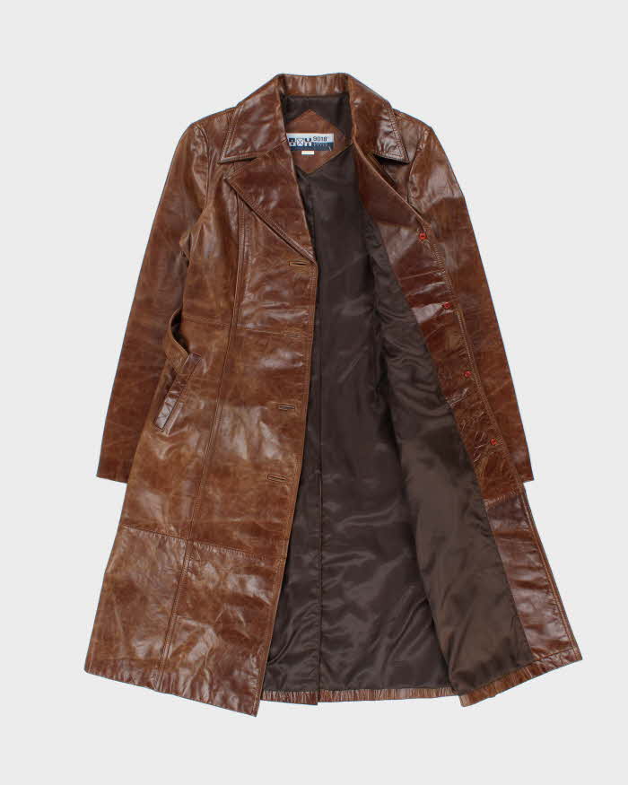 Vintage 1990s Box Japan Women's Brown Leather Mid-Calf Belted Trench Jacket - L