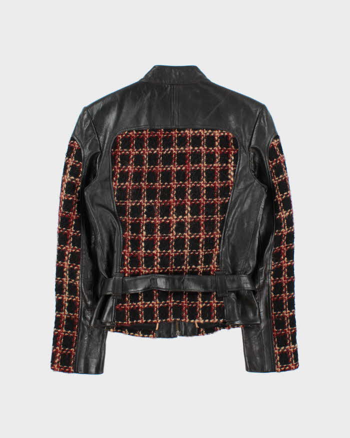 Vintage Y2K 00s IZZY Women's Chocolate Brown Calfskin Leather Wool Tweed Belted Moto Jacket - S