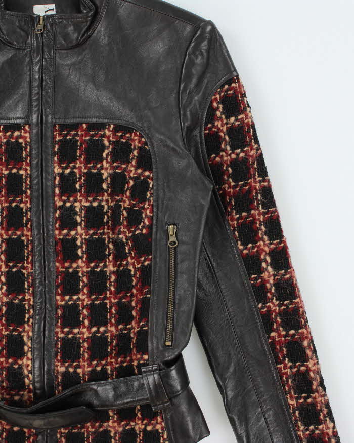 Vintage Y2K 00s IZZY Women's Chocolate Brown Calfskin Leather Wool Tweed Belted Moto Jacket - S