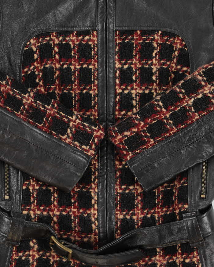 Vintage Y2K 00s IZZY Women's Chocolate Brown Calfskin Leather Wool Tweed Belted Moto Jacket - S