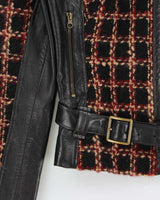 Vintage Y2K 00s IZZY Women's Chocolate Brown Calfskin Leather Wool Tweed Belted Moto Jacket - S