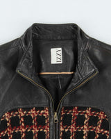 Vintage Y2K 00s IZZY Women's Chocolate Brown Calfskin Leather Wool Tweed Belted Moto Jacket - S