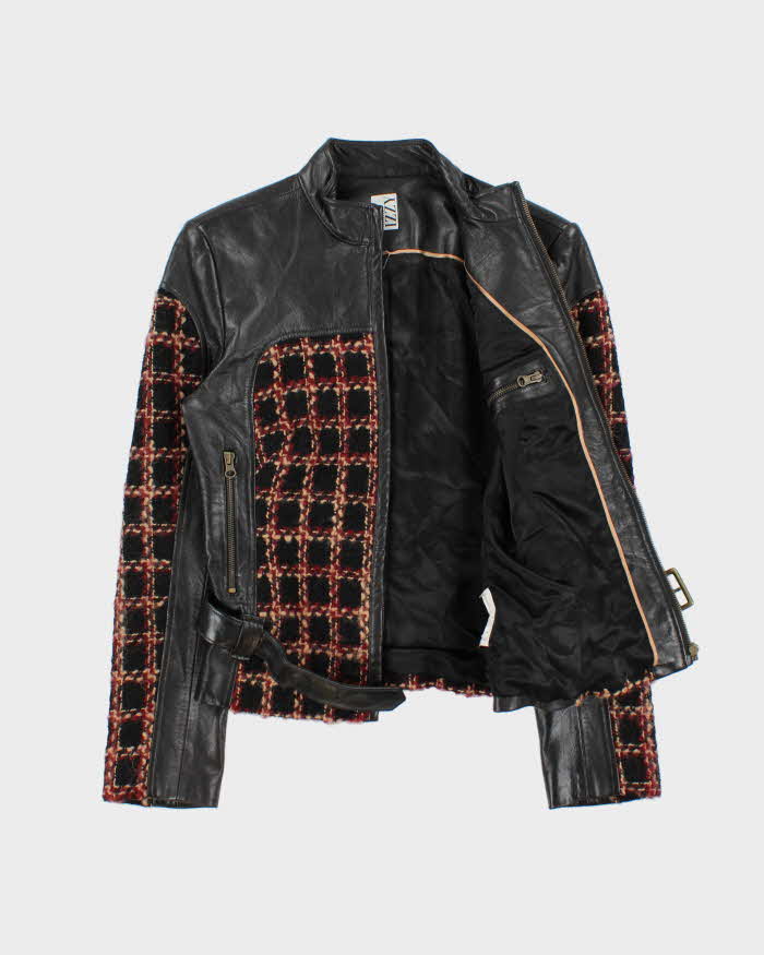 Vintage Y2K 00s IZZY Women's Chocolate Brown Calfskin Leather Wool Tweed Belted Moto Jacket - S