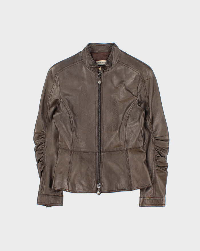 Vintage Y2K 00s Emporio Armani Women's Bronze Calfskin Leather Cafe Racer Moto Jacket - S