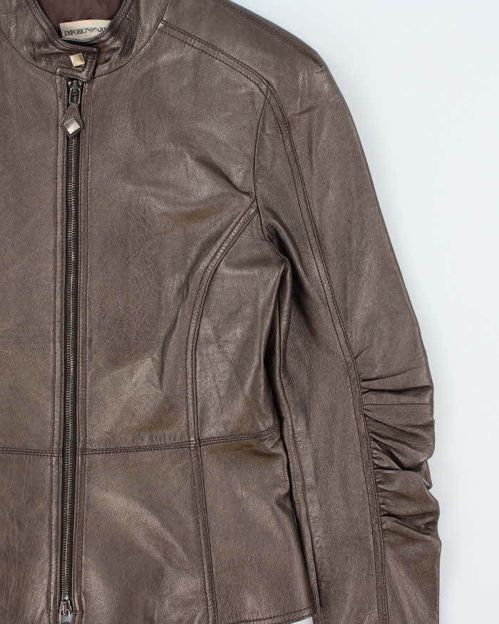 Vintage Y2K 00s Emporio Armani Women's Bronze Calfskin Leather Cafe Racer Moto Jacket - S