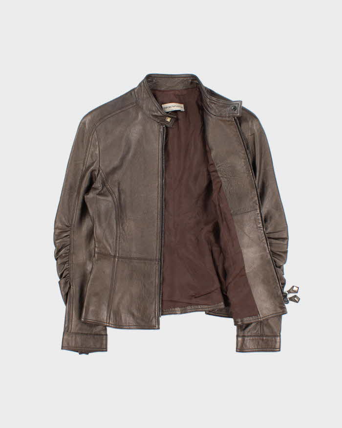 Vintage Y2K 00s Emporio Armani Women's Bronze Calfskin Leather Cafe Racer Moto Jacket - S