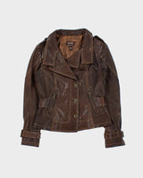 Vintage Y2K 00s Danier Women's Brown Italian Calfskin Leather Contrast Stitch Belted Moto Jacket - S