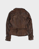Vintage Y2K 00s Danier Women's Brown Italian Calfskin Leather Contrast Stitch Belted Moto Jacket - S