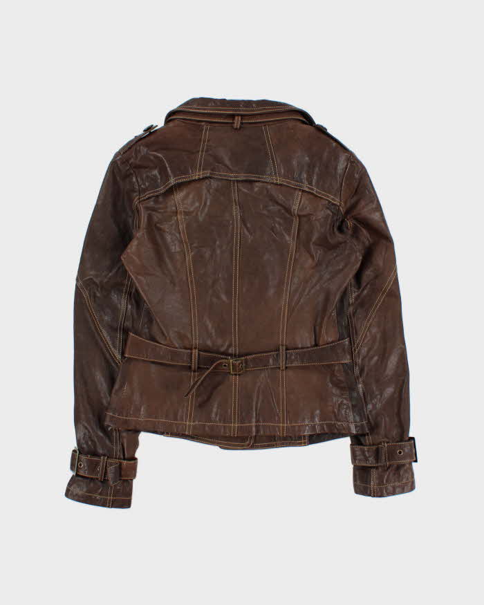 Vintage Y2K 00s Danier Women's Brown Italian Calfskin Leather Contrast Stitch Belted Moto Jacket - S